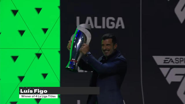Luis Figo brings the LaLiga trophy at EA SPORTS FC 24 Official Reveal Livestream.