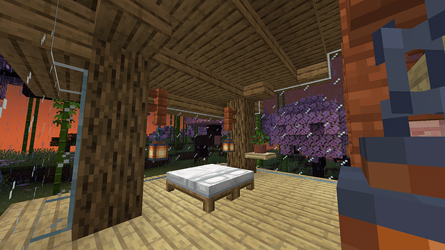 An image displaying interior in Minecraft surrounded by cherry blossom trees