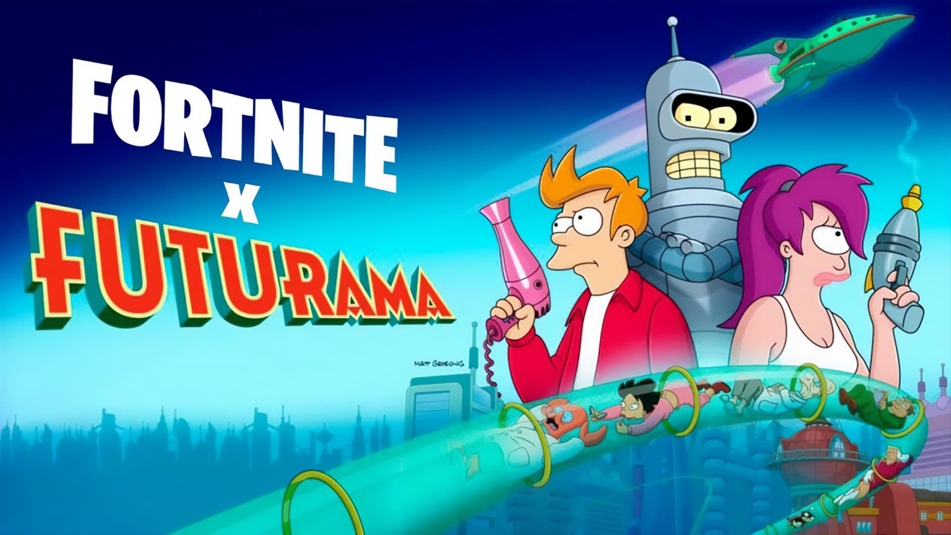 An image showing Fry, Bender and Leela from the show Futurama, which is collaborating with Fortnite update v25.30