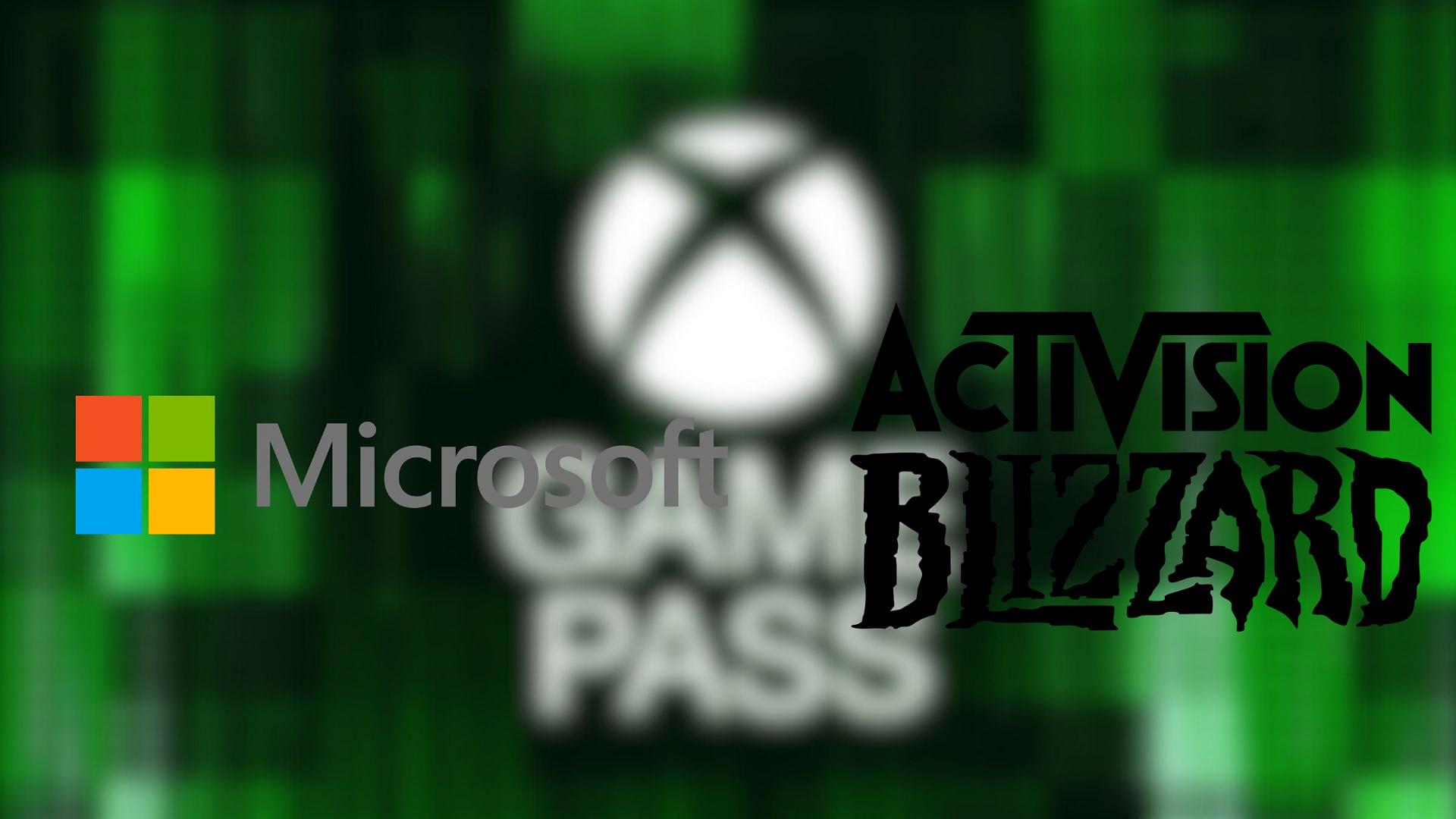 An illustration showing Microsoft and Activision-Blizzard logoes with Game Pass screen blurred in the background