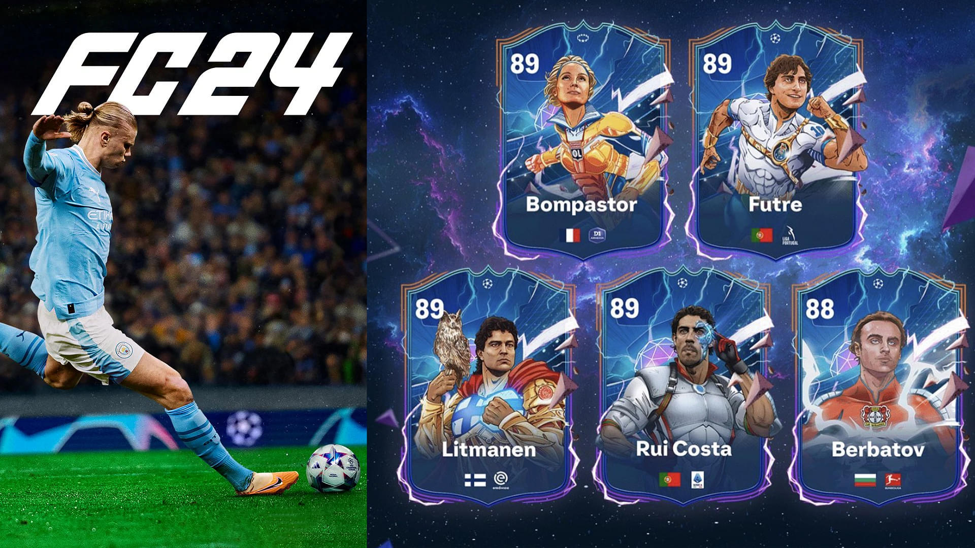 An image showing Erling Haaland on left with other football legends like Bompastor, Litmanen and more in EA Sports FC24