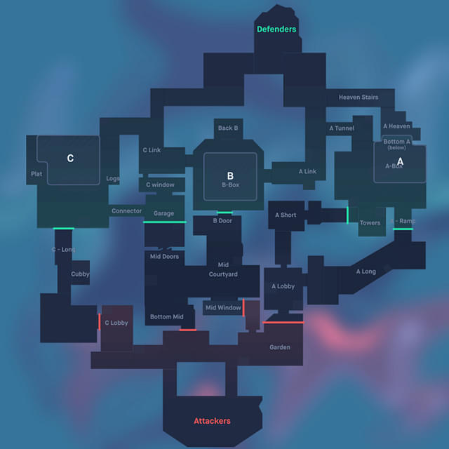 An image displaying the full map of Haven in Valorant