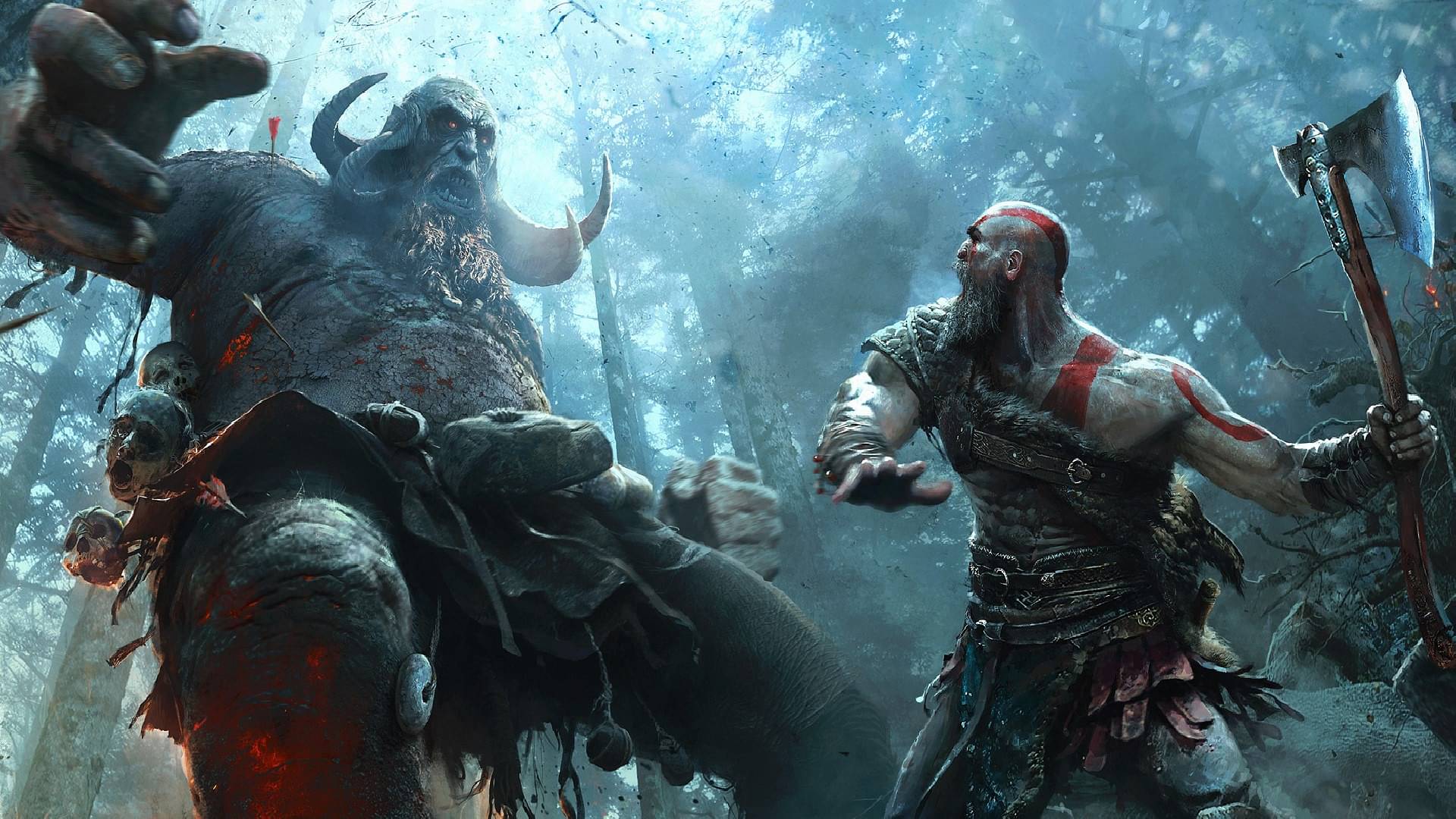 An image of Kratos fighting a troll in God of War
