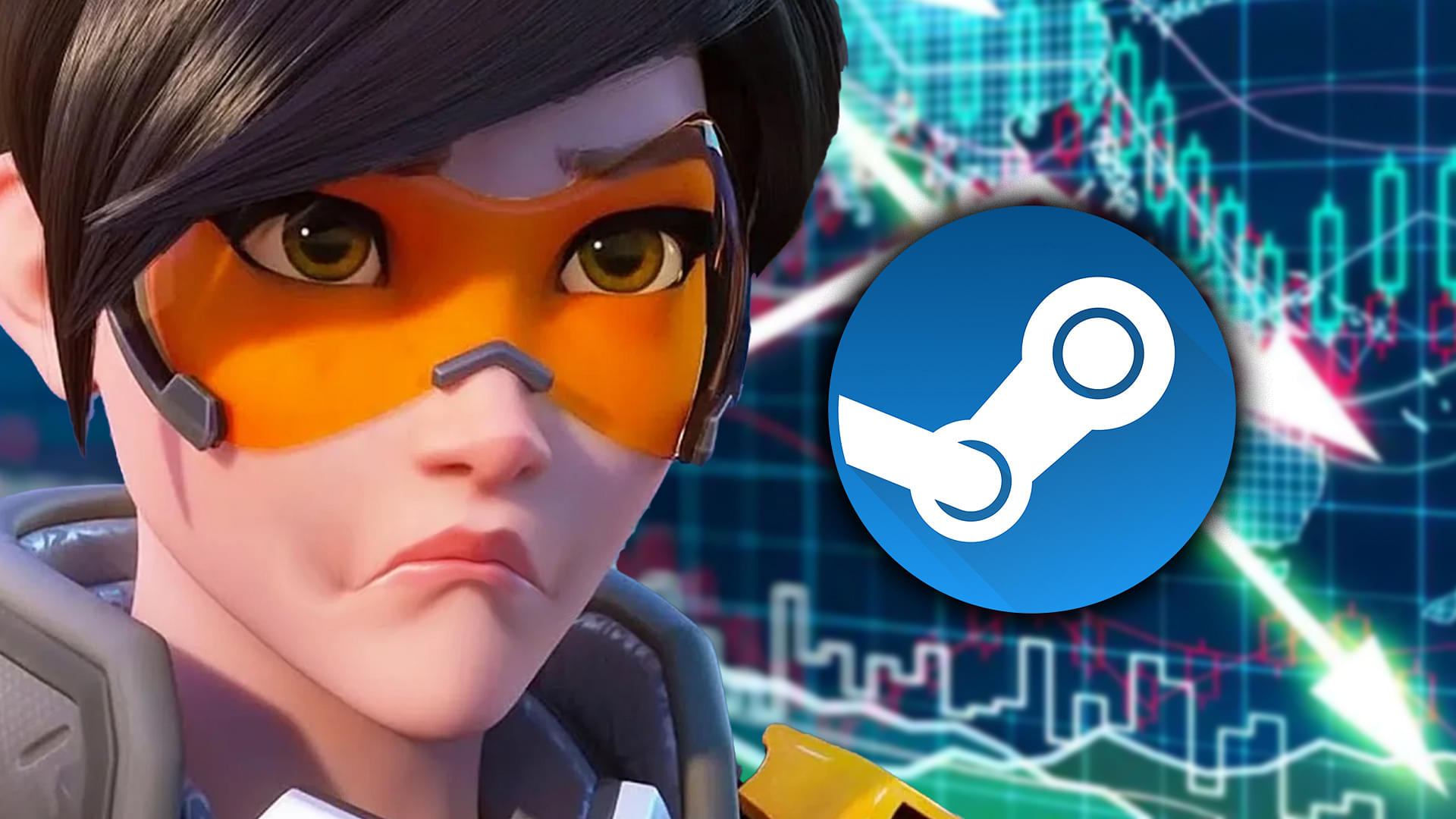 An image displaying Tracer from Overwatch 2 who is sad with Steam logo and downhill stock