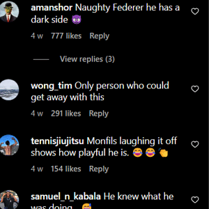 Fans react to Roger Federer hitting Gael Monfils (@tennislegend in IG)