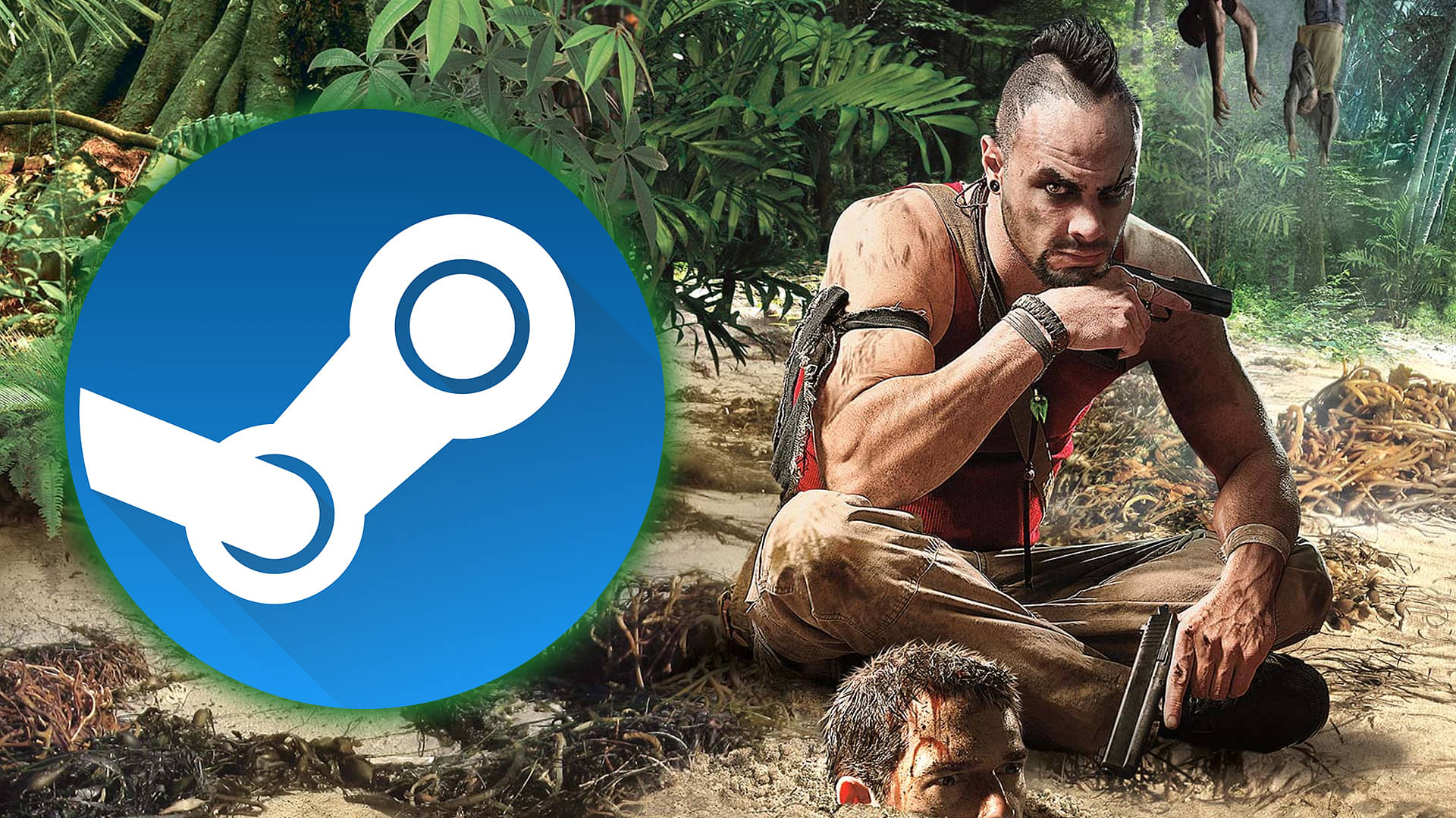 An image showing the main cover of Far Cry 3 with the Steam logo on left