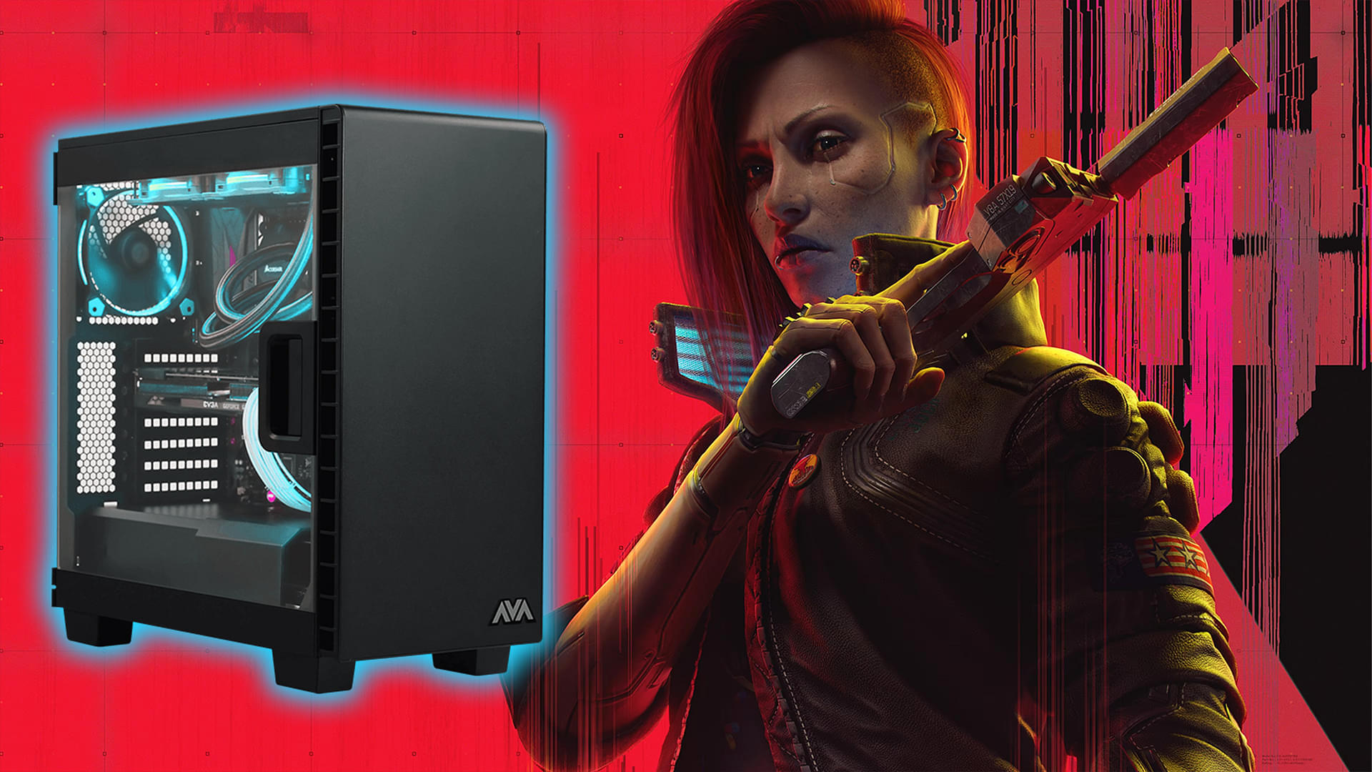 An image showing Gaming PC on right and V from Cyberpunk 2077 Phantom Liberty on right