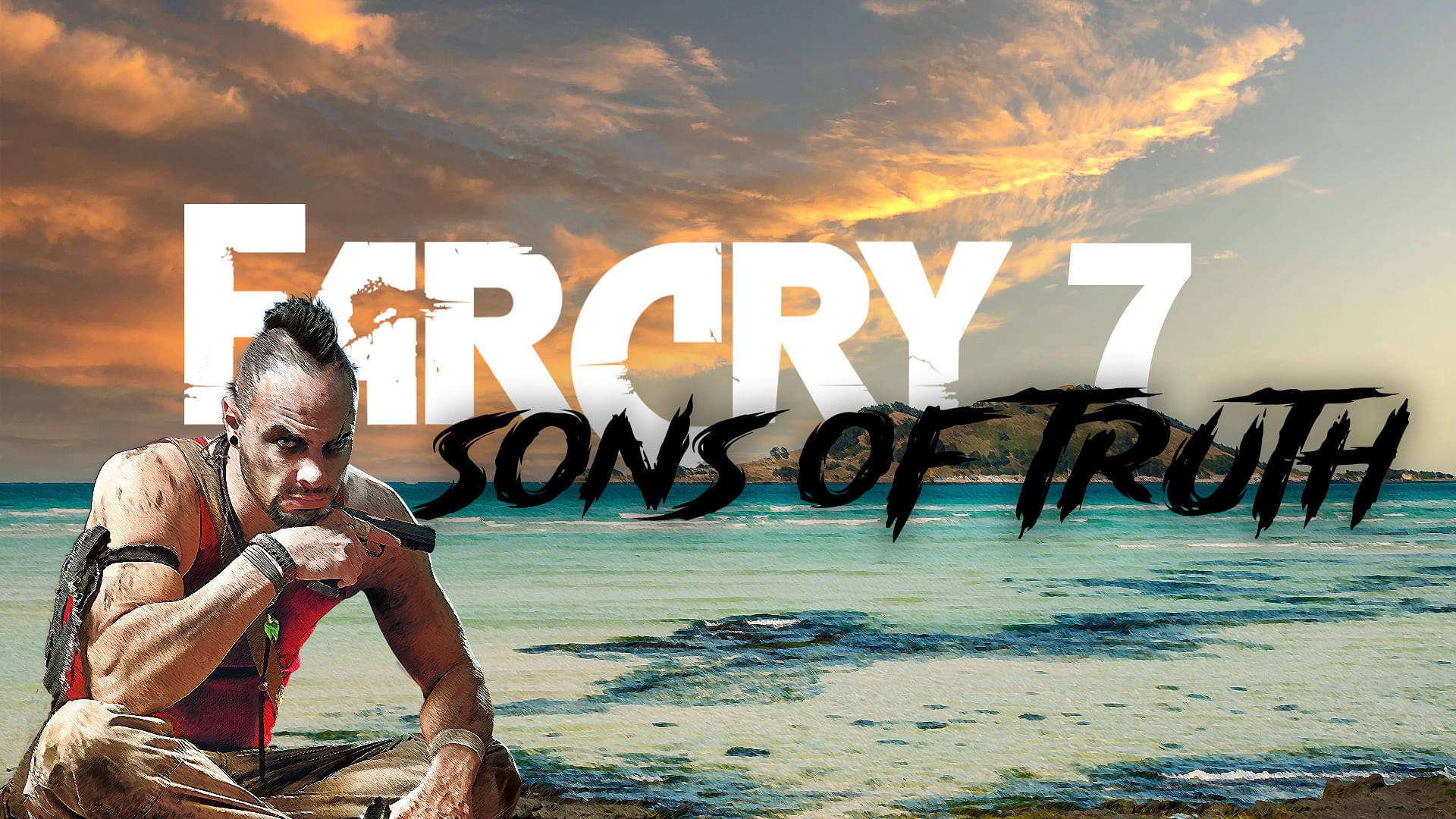 An image showing Vaas from FC3 with Far Cry 7 logo and a beach background