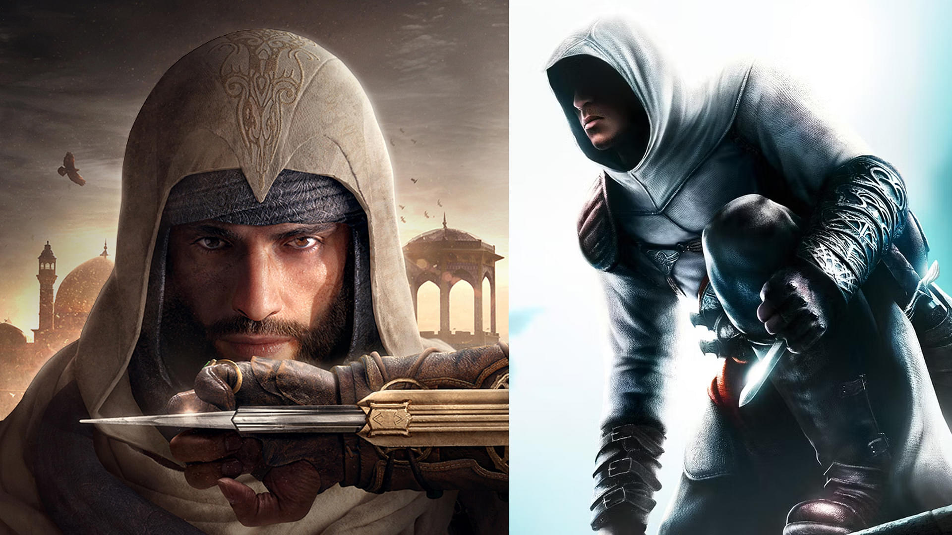 An image showing combined collage of Assassin's Creed 1 and Mirage main covers