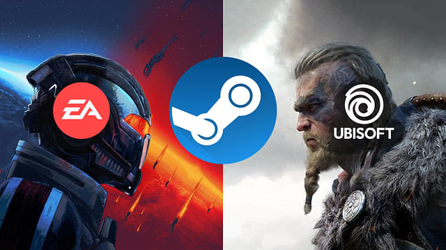 An image showing Mass Effect cover on left and Assassin's Creed Valhalla on right with Steam logo in center