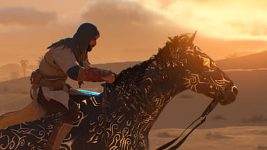 An image showing Basim riding a horse in Assassin's Creed Mirage