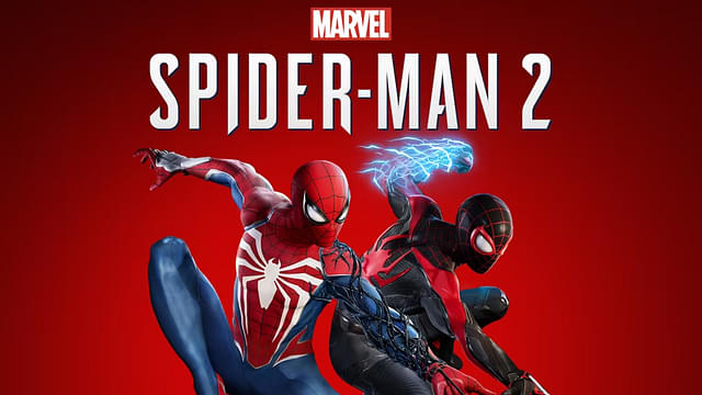 An image showing the main cover of Spider-Man 2, of the games releasing in October 2023