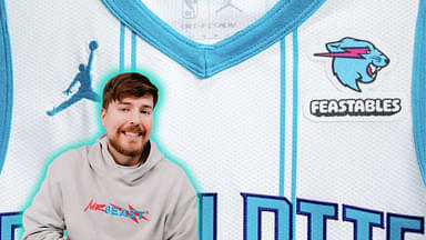 An image showing MrBeast with Feastables logo on Charlotte Hornets jersey