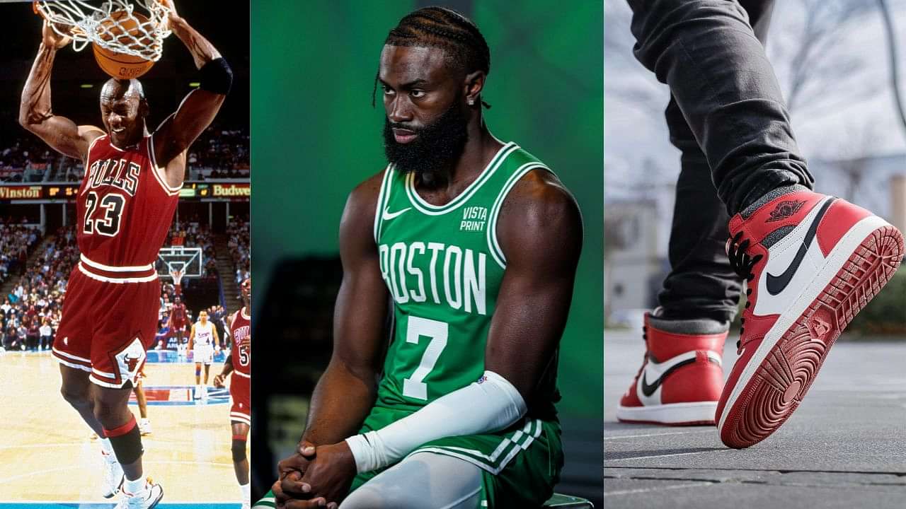 The Nike Zoom shoes of Boston Celtics' Jaylen Brown are seen