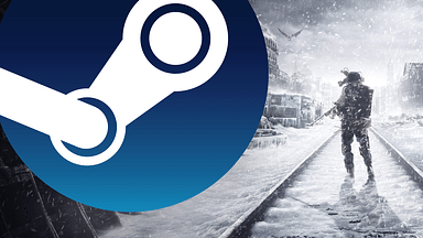 An image showing Steam logo with Metro Exodus cover, which is on sale during Autumn Sale 2023