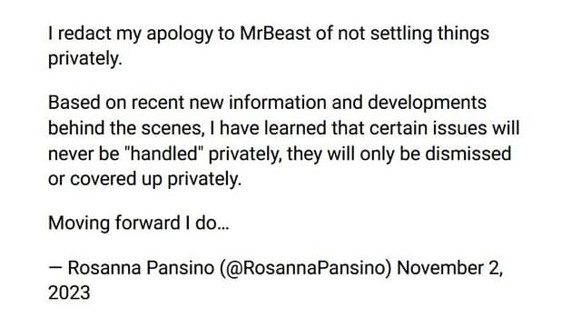 Rosanna Pansino redacts her apology to MrBeast