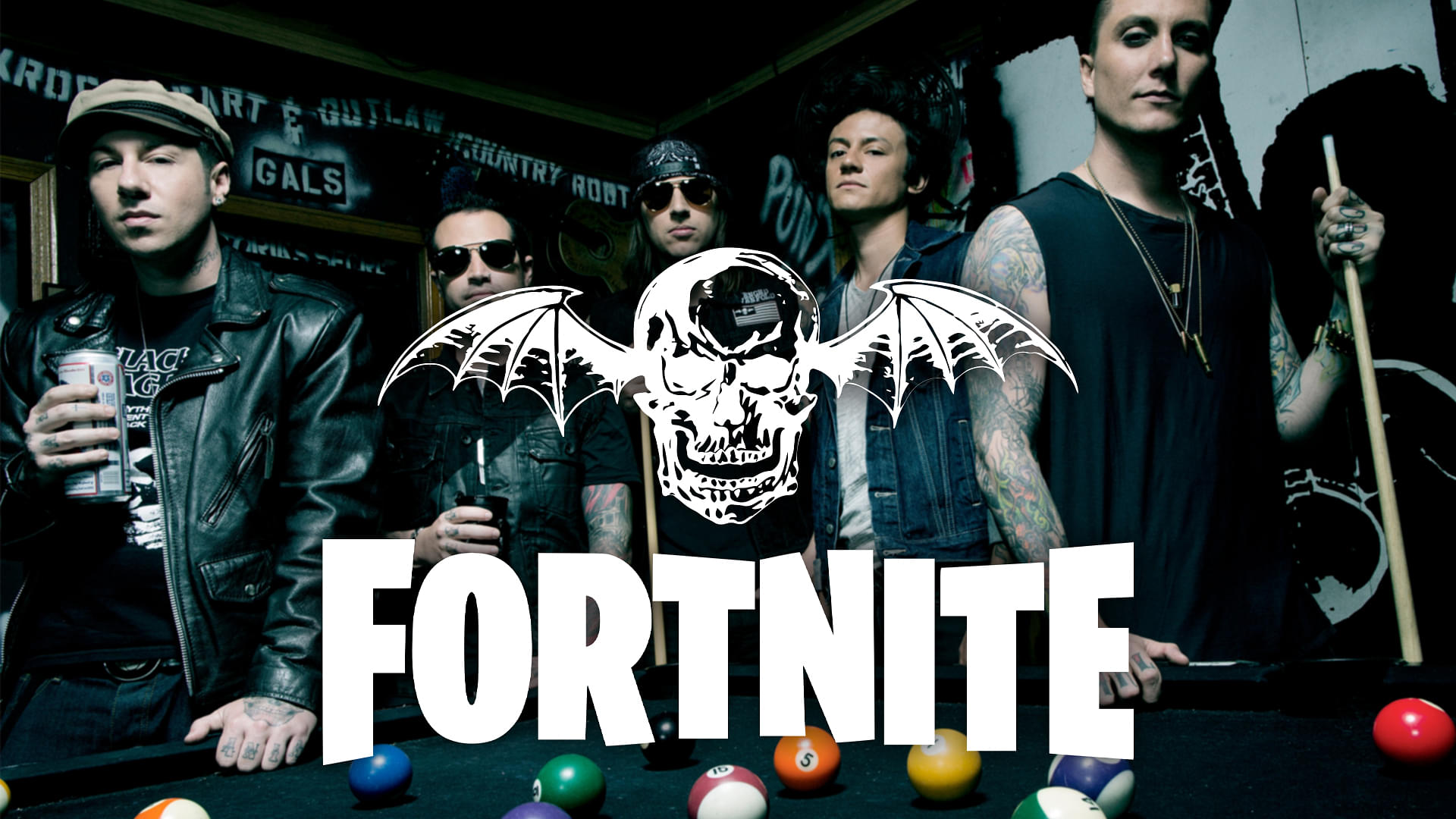 An image showing Avenged Sevenfold band members, logo and Fornite logo