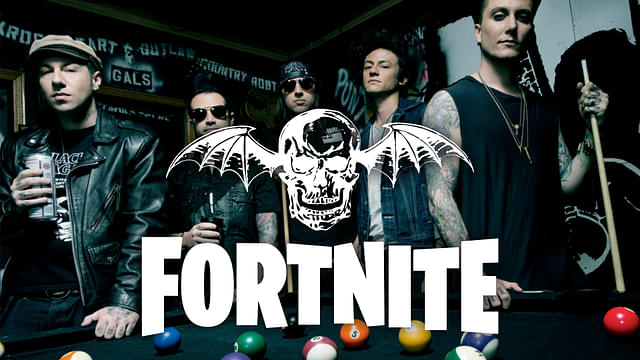 An image showing Avenged Sevenfold band members, logo and Fornite logo