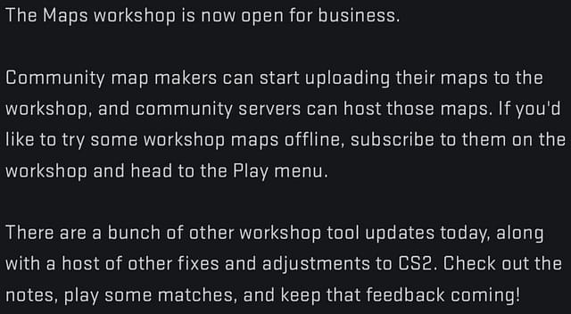 The latest announcement regarding Workshop maps in CS2