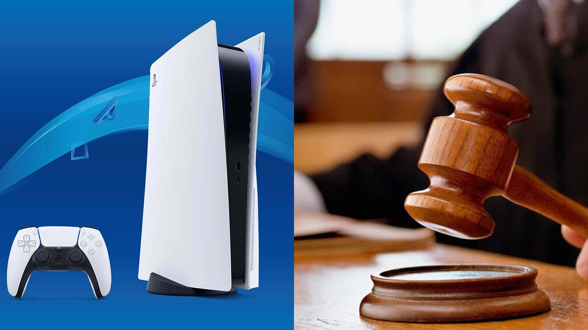 An image showing Sony PlayStation 5 and court hammer