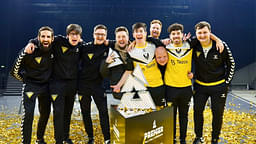 An image showing full Counter-Strike roster of Team Vitality at BLAST Premier Fall Final 2023 with apEX on second from left lifting the trophy