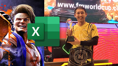 An image showing Andrew 'The Annihilator' Ngai, the winner of Microsoft Excel esports with Street Fight 6 character on right