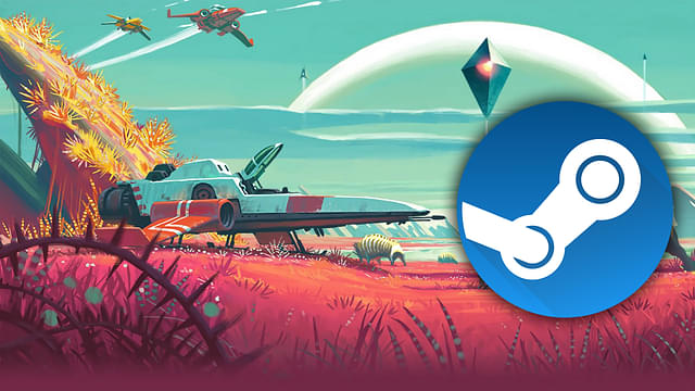 An image showing a cover for No Man's Sky with the Steam logo