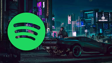 An image showing a screenshot of Cyberpunk 2077 with Spotify for Gaming playlist