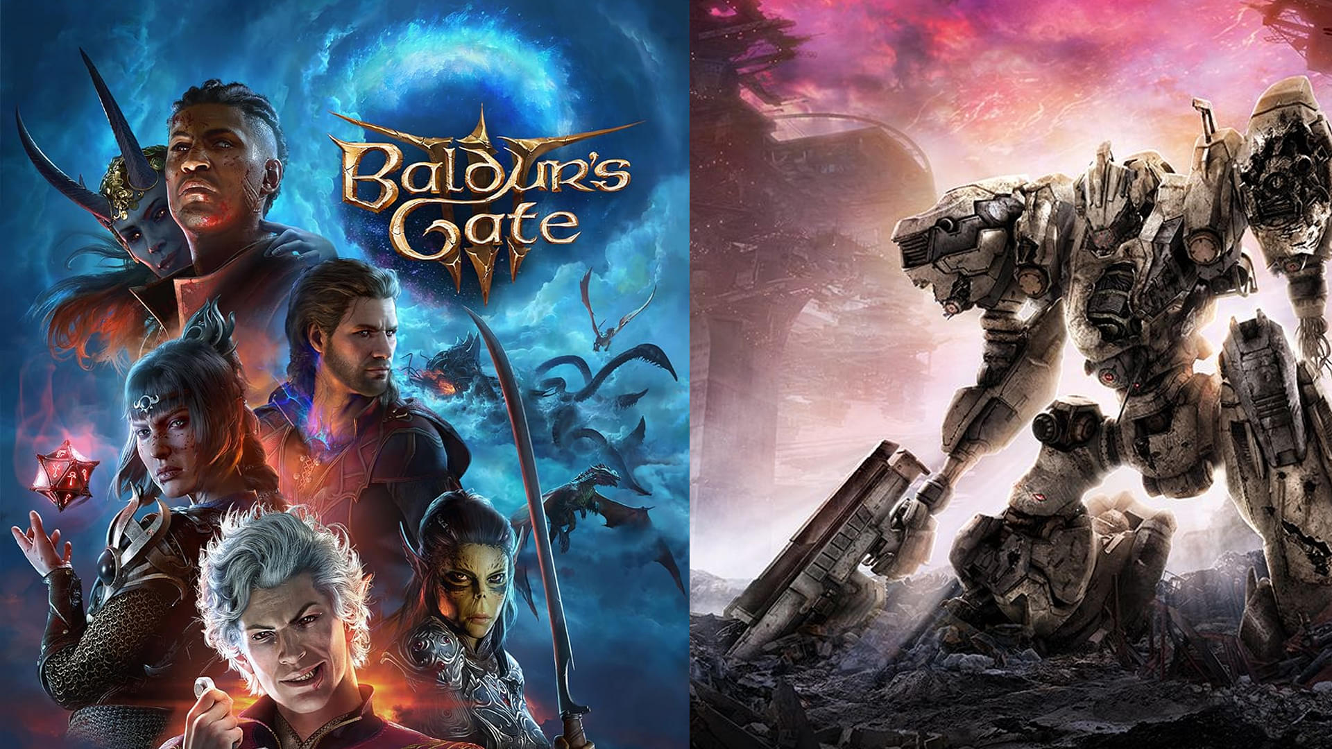 An image showing RPG titles, Baldur's Gate 3 on left and Armored Core 6 on right