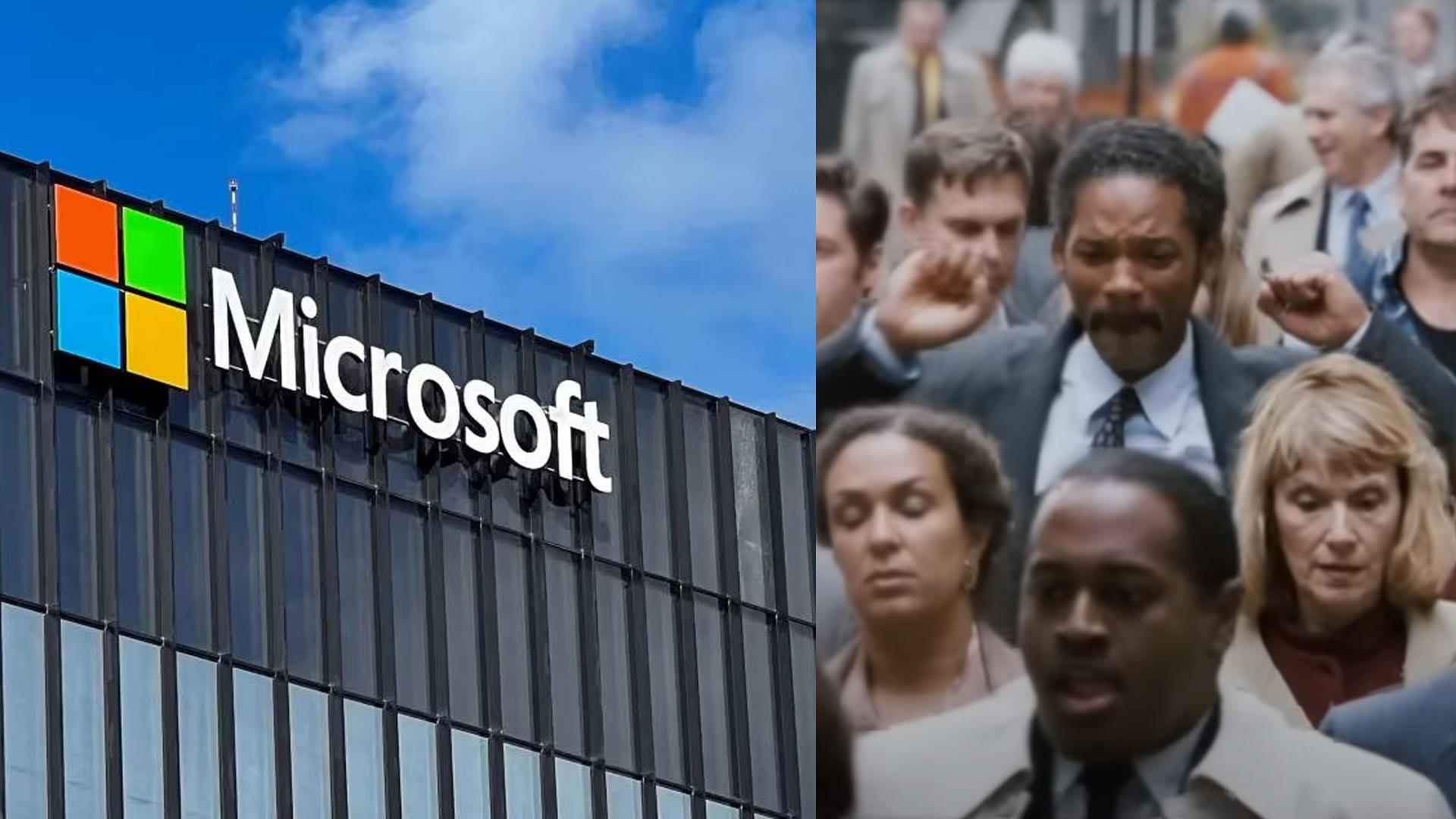 An image showing a Microsoft building and a scene from Pursuit of Happyness on right