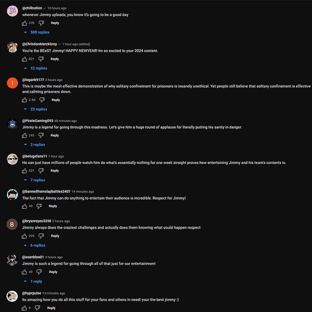 Fans' comments on MrBeast spending seven days in solitary confinement