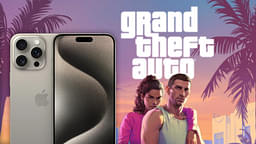 An image showing GTA 6 main cover with iPhone 15 Pro mobile
