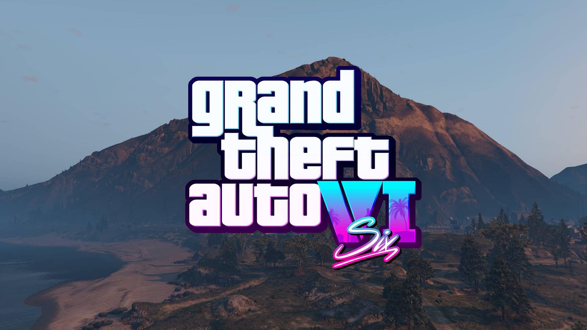 An illustration showing a fanmade GTA 6 logo with a GTA V mountain scenery in the background