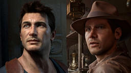 An image showing Indiana Jones game screenshot on right and Uncharted on left
