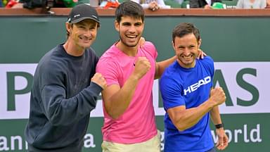 Juan Carlos Ferrero (L), Carlos Alcaraz (C) and Juanjo Moreno (R)