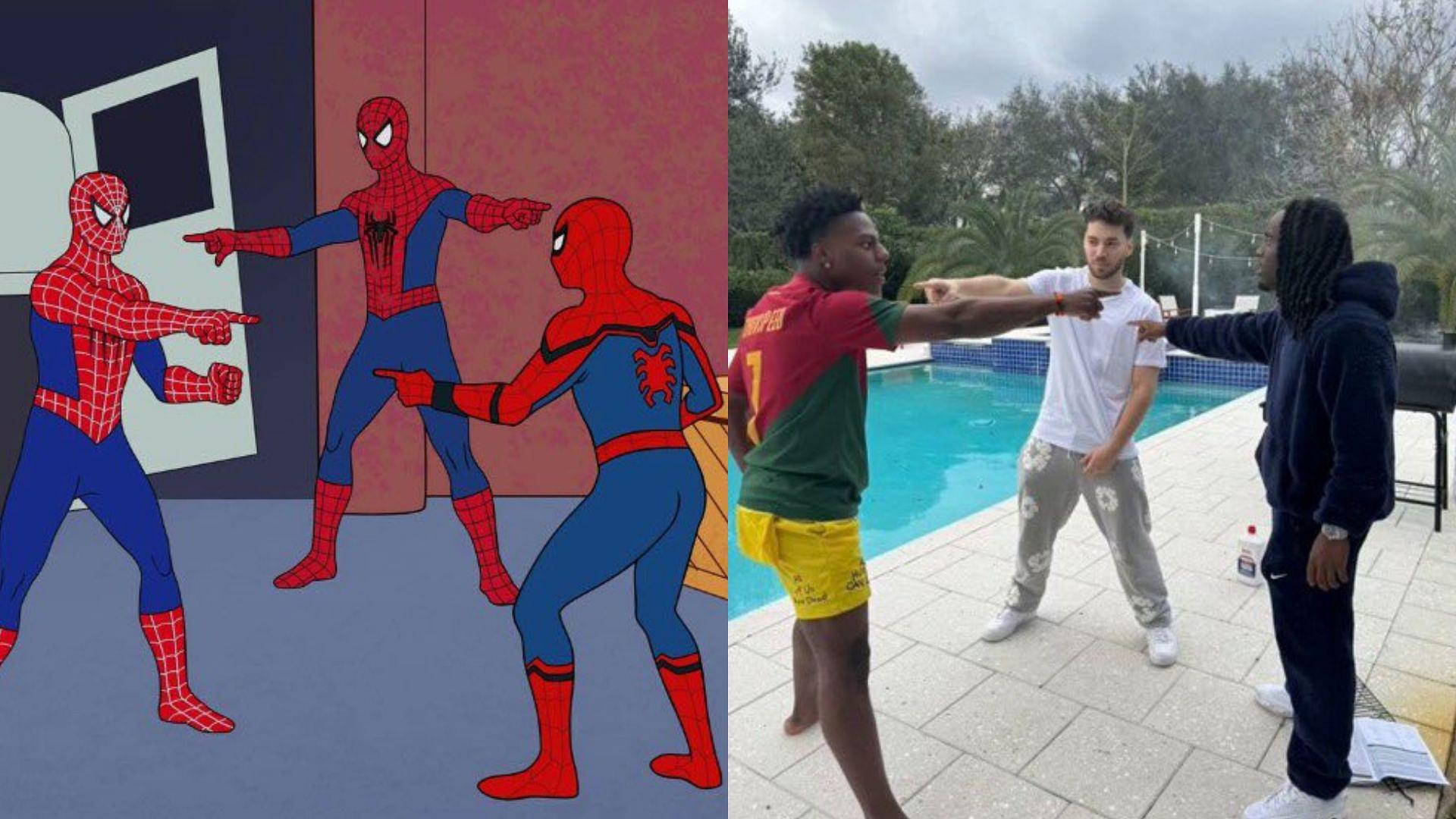 An illustration showing the Spider-Man meme from No Way Home alongside the one created by IShowSpeed, Adin Ross, and Kai Cenat