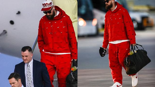 Travis Kelce Touches Down In Vegas For Super Bowl In Great Style Donning the Chiefs Red