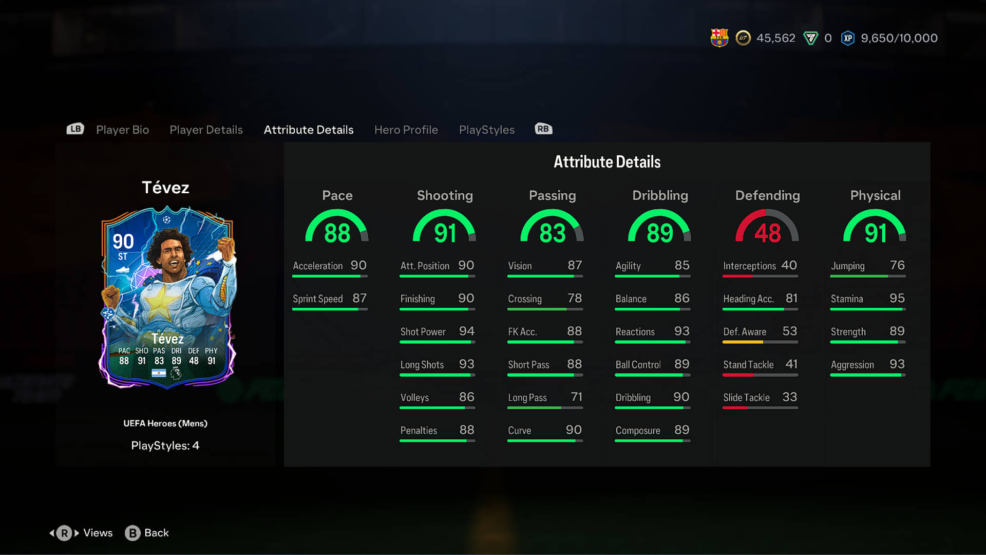 Stats of Carlos Tevez UCL Hero in EA FC 24 Ultimate Team