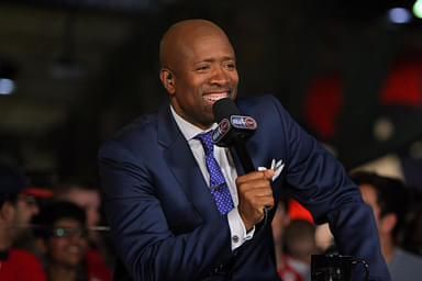 May 20, 2015; Atlanta, GA, USA; TNT television personality Kenny Smith prior to game one of the Eastern Conference Finals of the NBA Playoffs between the Atlanta Hawks and the Cleveland Cavaliers at Philips Arena. Mandatory Credit: Brett Davis-USA TODAY Sports