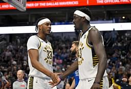 Mar 5, 2024; Dallas, Texas, USA; Indiana Pacers center Myles Turner (33) celebrates with forward Pascal Siakam (43) during the second half against the Dallas Mavericks at the American Airlines Center. Mandatory Credit: Jerome Miron-USA TODAY Sports