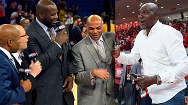 Shaquille O'Neal and Charles Barkley (L) and Hakeem Olajuwon (R)