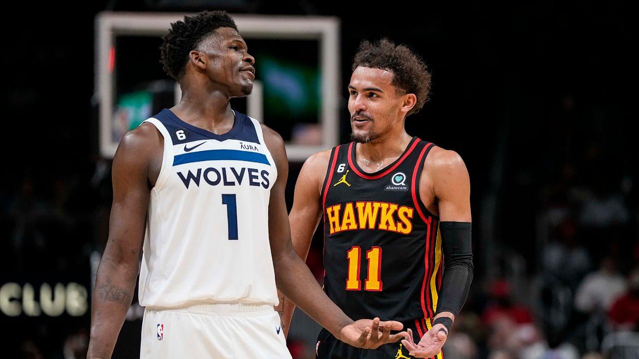 Mar 13, 2023; Atlanta, Georgia, USA; Minnesota Timberwolves guard Anthony Edwards (1) reacts with Atlanta Hawks guard Trae Young (11) during the second half at State Farm Arena. Mandatory Credit: Dale Zanine-USA TODAY Sports