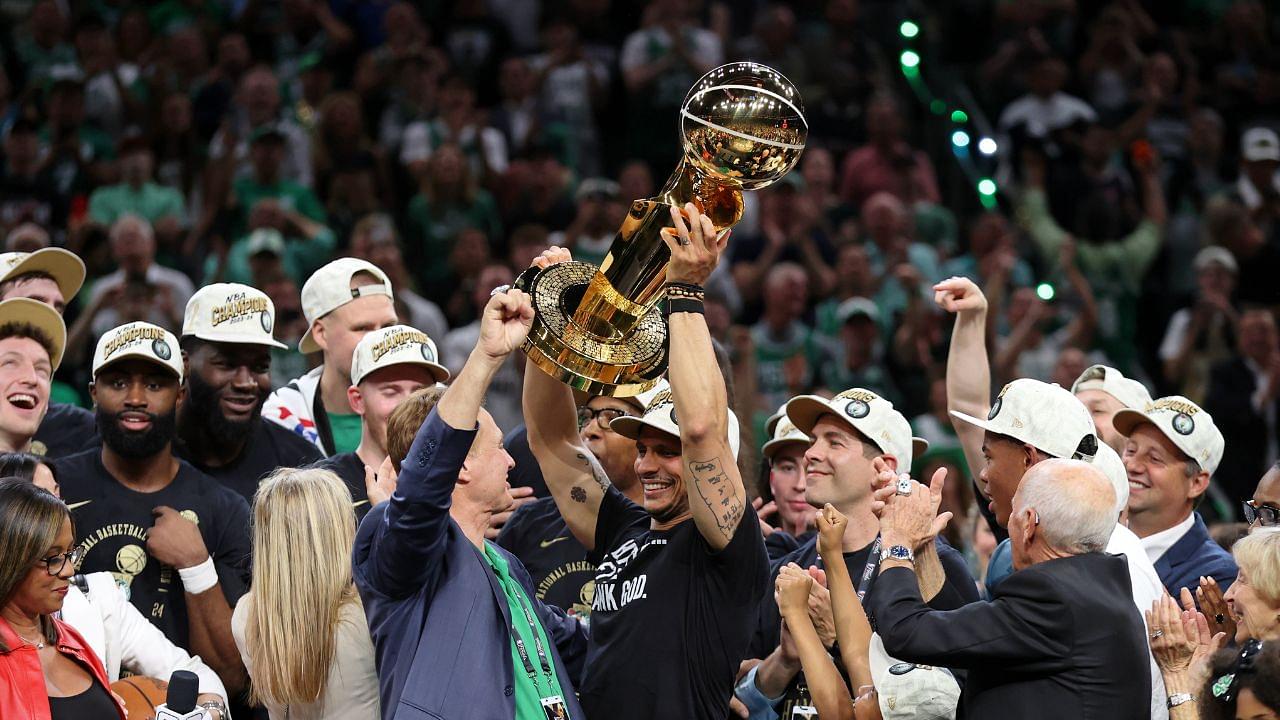 Joe Mazzulla and the Celtics celebrate winning the NBA title