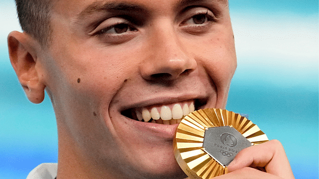 David Popovici (Romania) in the men’s 200-meter freestyle medal ceremony during the Paris 2024 Olympic Summer Games at Paris La Défense Arena. Mandatory 