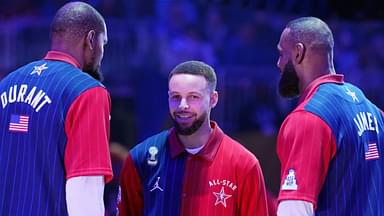 Kevin Durant, Stephen Curry, and LeBron James at the 2024 All-Star Game.