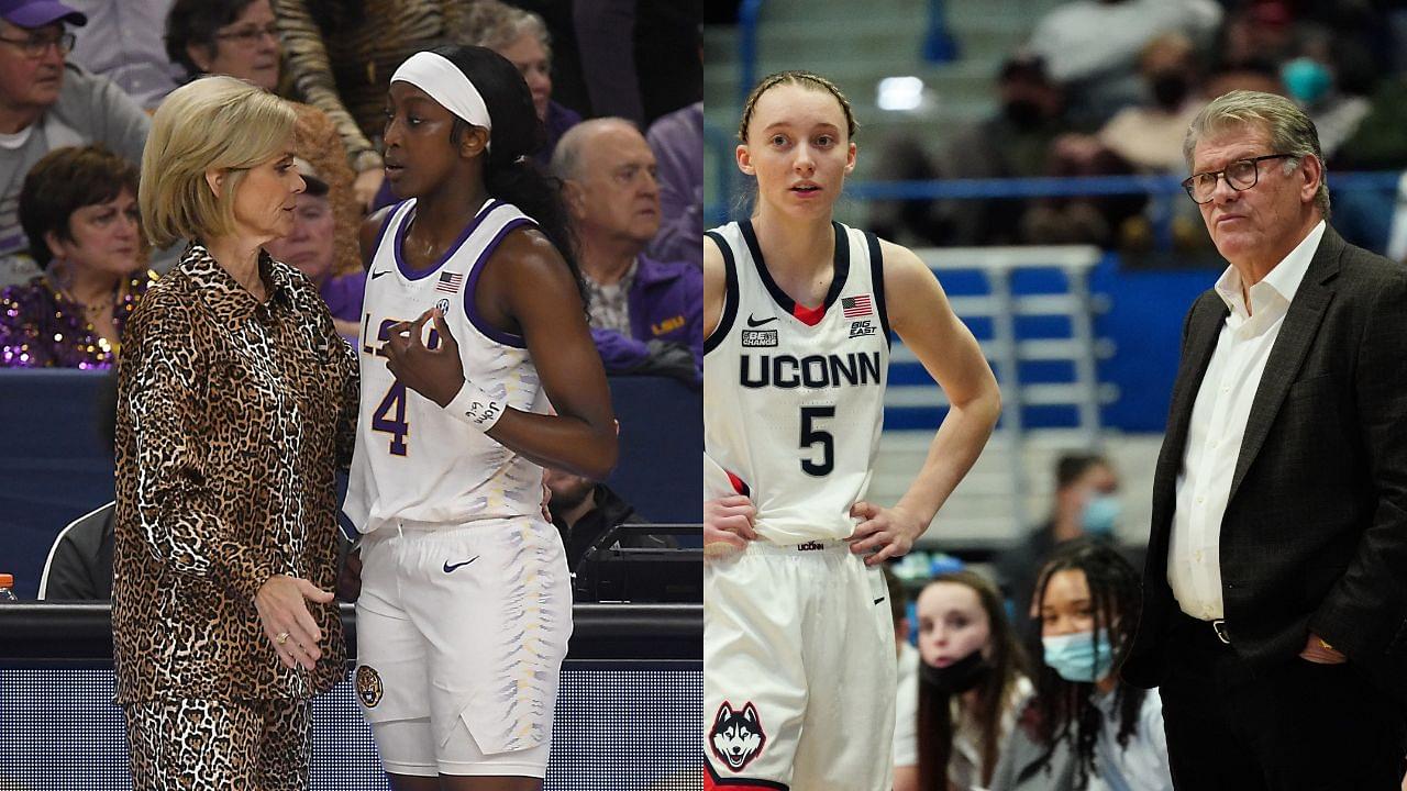 LSU's Kim Mulkey and Flau'jae Johson and UConn's Paige Bueckers and Geno Auriemma