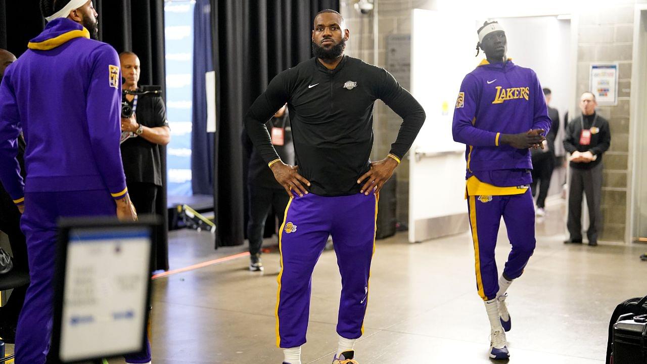 Los Angeles Lakers forward LeBron James (6) stands outside the locker room before the start of game one of the 2023 NBA playoffs against the Golden State Warriors at the Chase Center.