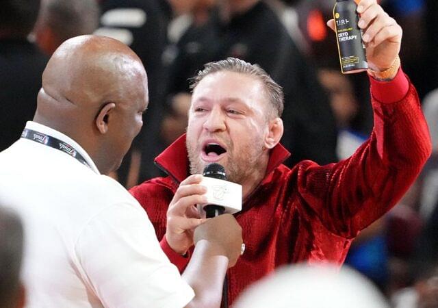 MMA fighter Conor McGregor during halftime in game four of the 2023 NBA Finals between the Miami Heat and Denver Nuggets at Kaseya Center