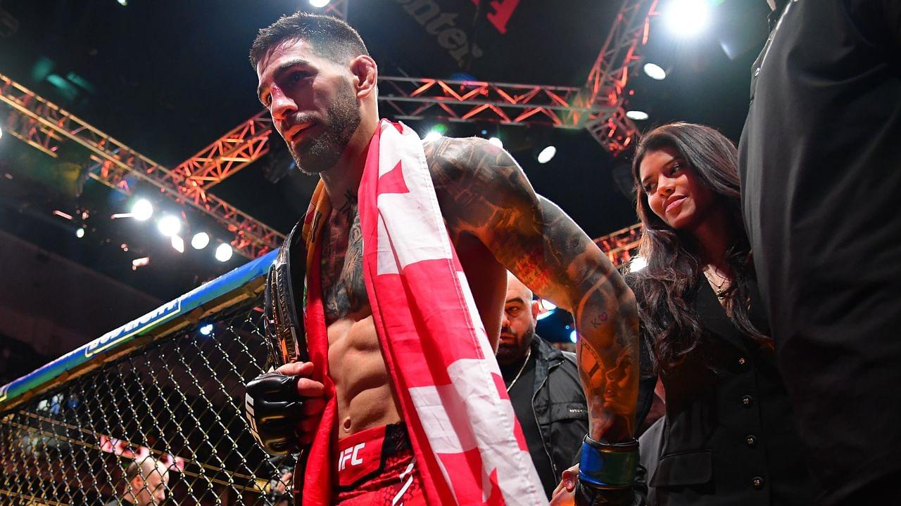 Ilia Topuria celebrates his championship victory against Alexander Volkanovski during UFC 298 at Honda Center.