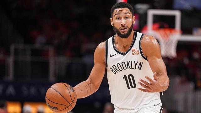 Brooklyn Nets guard Ben Simmons (10) directs teammates while controlling the ball during the first half at State Farm Arena.